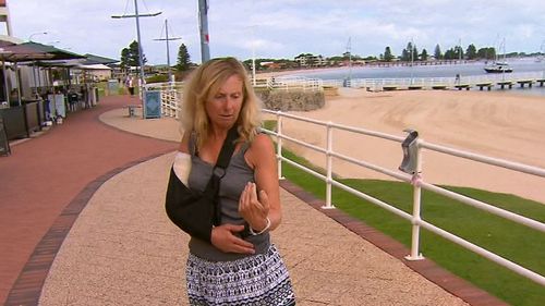 Christine Barrett said she was  jogging along the Rockingham foreshore when the cyclist collided with her. (9NEWS)