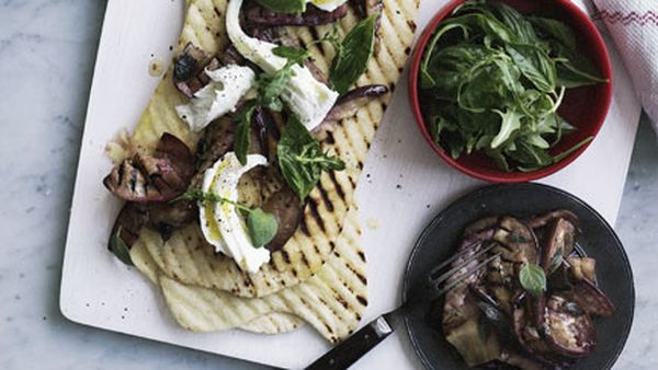 Marinated eggplant, basil and mozzarella piadine