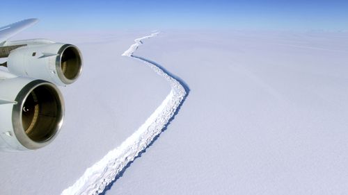 This 2016 aerial photo released by NASA, shows a rift in the Antarctic Peninsula's Larsen C ice shelf. (AAP)