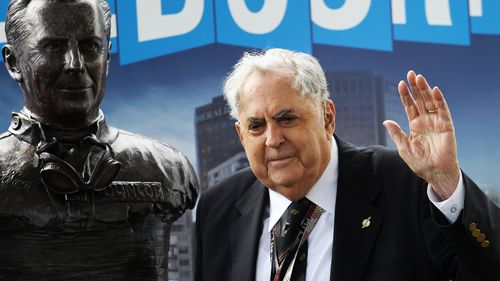 Sir Jack Brabham with a statue unveiled in his honour in March 2013. (AAP)