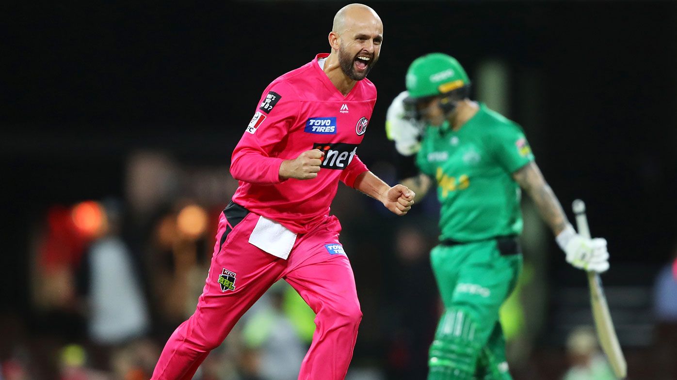 Nathan Lyon of the Sixers celebrates taking the wicket of Marcus Stoinis of the Stars during the Big Bash League Final match between the Sydney Sixers and the Melbourne Stars at the Sydney Cricket Ground on February 08, 2020 in Sydney, Australia