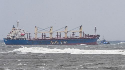 The ship sits off Cronulla Beach with tugs standing by. 