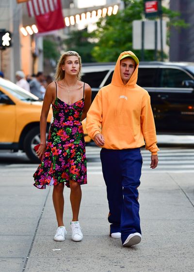 Hailey Baldwin and Justin Bieber seen on the streets of Midtown Manhattan on August 6, 2018 in New York City.