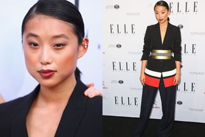 Fashion blogger Margaret Zhang went for one of the most unique looks of the night. Who doesn't love a gold bar?<br/><br/>Image: Getty
