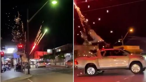 Police are investigating a video circulating of fireworks being fired from a dual cab ute in Sydney's south west in an apparent show of support for the Palestinian cause. The silver ute was driving slowly northbound along Waterloo Road in Greenacre when one passenger appeared to shoot green and red fireworks out of a cylinder device.