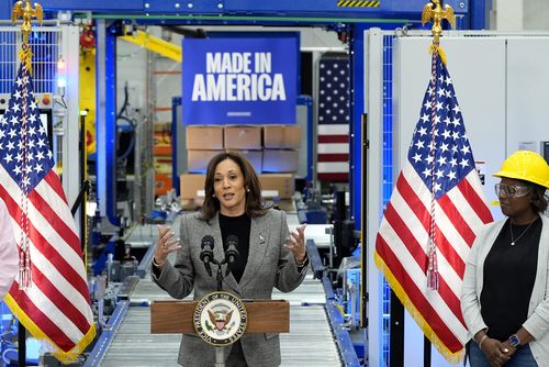 Democratic presidential nominee Vice President Kamala Harris speaks after taking a tour of the Hemlock Semiconductor Next-Generation Finishing facility in Hemlock, Mich., Monday, Oct. 28, 2024. (AP Photo/Jacquelyn Martin)