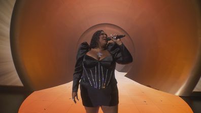 Lizzo performs at the 2023 Grammy Awards.
