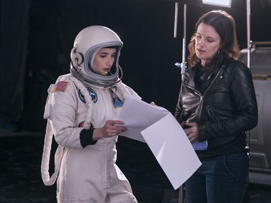 Emma Roberts (Rex) and Director Liz W. Garcia on set filming Space Cadet.