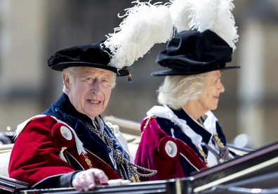 WINDSOR, ENGLAND - JUNE 16: King Charles III and Queen Camilla attend the Order of the Garter service at St. George's Chapel, Windsor Castle on June 16, 2025 in Windsor, England. (Photo by Max Mumby - Pool/ Mark Cuthbert/ UK Press via Getty Images)