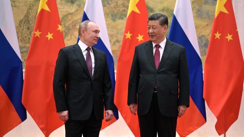 Chinese President Xi Jinping, right, and Russian President Vladimir Putin pose for a photo prior to their talks in Beijing, China, Friday, Feb. 4, 2022. Russian President Vladimir Putin is in Beijing for the Winter Olympics and talks with his Chinese counterpart Xi Jinping, amid soaring tensions with Ukraine.