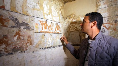 An Egyptian archaeologist points to wall paintings. (AAP)