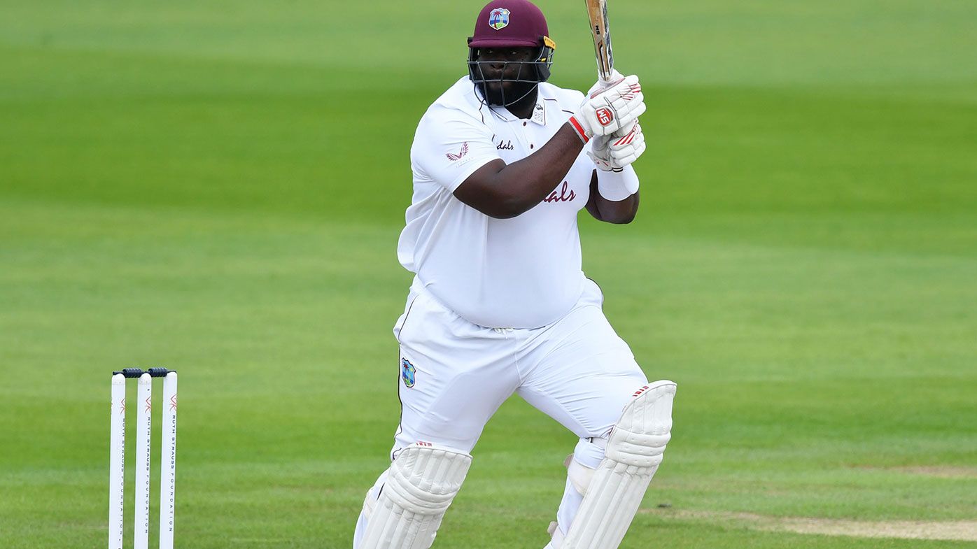 Rahkeem Cornwall of West Indies batting against England at Old Trafford in 2020.