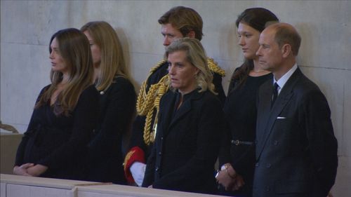 Sophie, Countess of Wessex and Prince Edward watch on as their two children take part in the vigil around their grandmother, the Queen's, coffin inside Westminster Hall