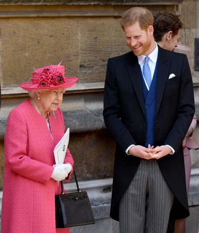 Queen Elizabeth II and Prince Harry, Duke of Sussex attend the wedding of Lady Gabriella Windsor and Thomas Kingston in 2019