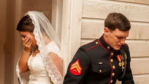 Thousands moved by poignant image of young Marine praying with bride-to-be 