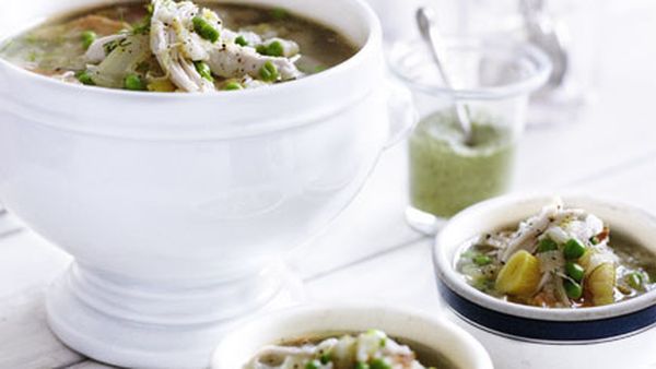 Chicken, pea and fennel broth with tarragon sauce