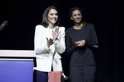 Kate, Princess of Wales, left, stands with Captain Preet Chandi, during a visit to Landau Forte College, in Derby, England, Wednesday Feb. 8, 2023, to celebrate Captain Chandi's return from her solo expedition across Antarctica 