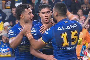 Blaize Talagi scored Parramatta&#x27;s first try of the night against the Broncos.