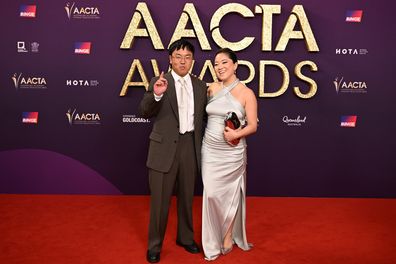 Aaron Chen and Esther Shim at the 2025 AACTA Awards on February 07, 2025 in Gold Coast, Australia.
