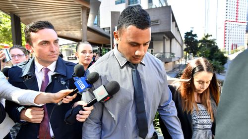 Brisbane Broncos player Francis Molo leaves the inquest into the death of rugby league player James Ackerman on July 5 (Image: AAP)