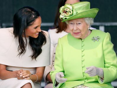 Meghan, Duchess of Sussex and Queen Elizabeth II in Cheshire on their first joint royal engagement in 2018.