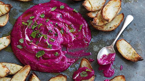 Salt and pepper potato skins with beetroot dip