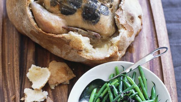 Salt-baked truffled chicken with warm green bean and truffle salad