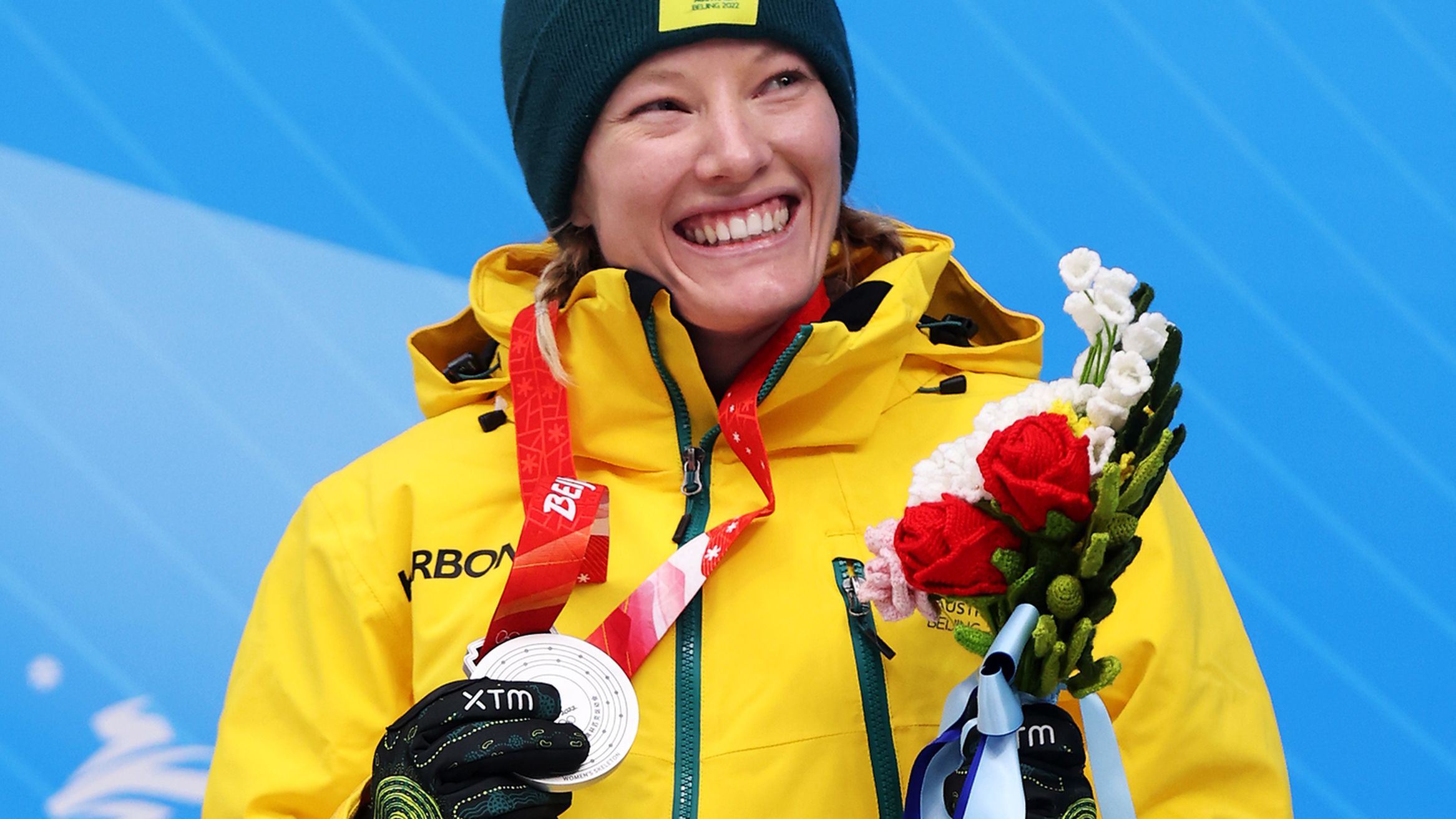 Silver medalist Jaclyn Narracott of Team Australia celebrates during the Women&#x27;s Skeleton medal ceremony on day eight of Beijing l2022 Winter Olympic Games at National Sliding Centre on February 12, 2022 in Yanqing, China