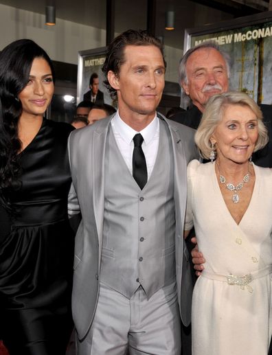 Matthew McConaughey arrives with his wife Camila Alves, his mother Kay McCabeat and father James Donald McConaughey at The Lincoln Lawyer LA screening in 2011.