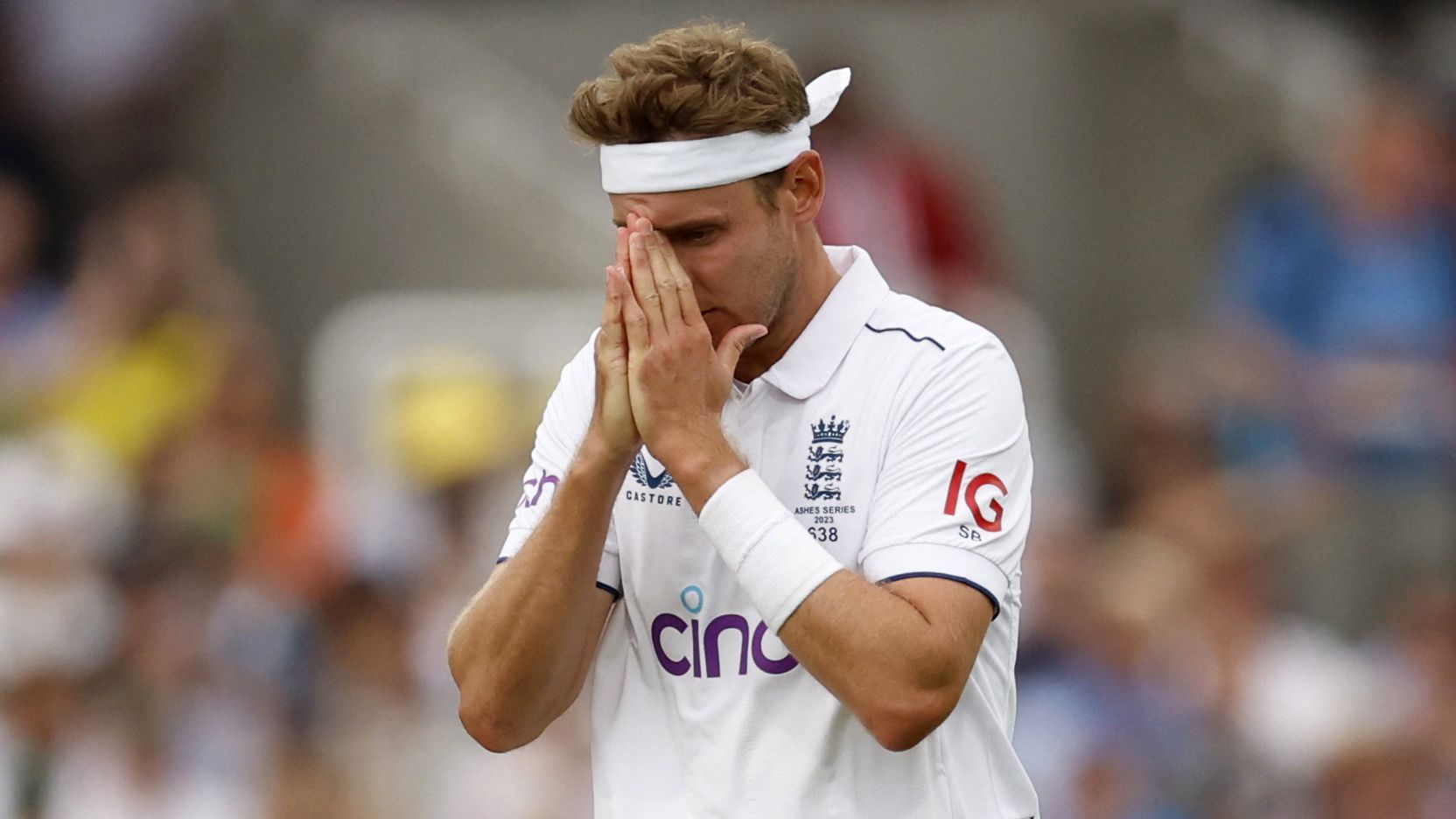 Stuart Broad reacts after being hit four a boundary on day one of the second Test between Australia and England.