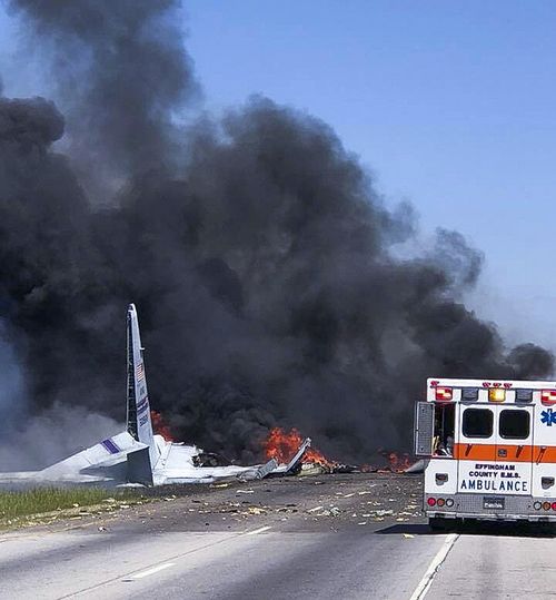 The C-130 National Guard cargo plane crashed and exploded into a fireball in Georgia, killing five people. (AAP)