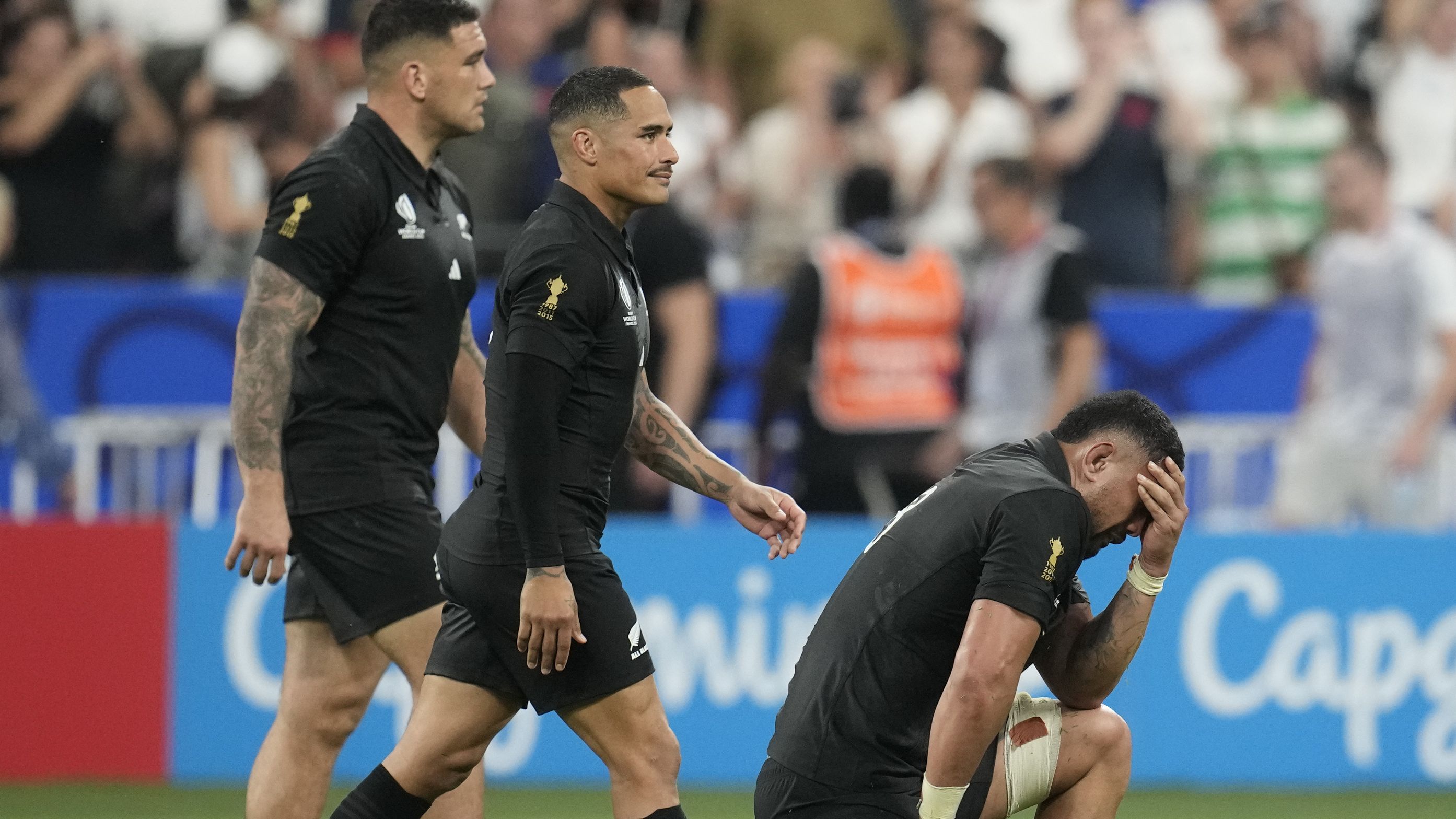 New Zealand&#x27;s Ardie Savea drops  to his knees after the All Blacks lost to France.
