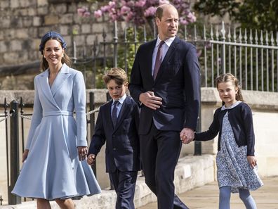 Prince William, Kate Middleton, Prince George and Princess Charlotte arrive for the Easter Sunday service at Windsor Castle, April 2022