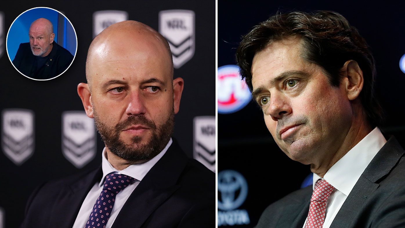 Todd Greenberg and Gillon McLachlan are both hoping the NRL and AFL seasons can continue despite the coronavirus pandemic