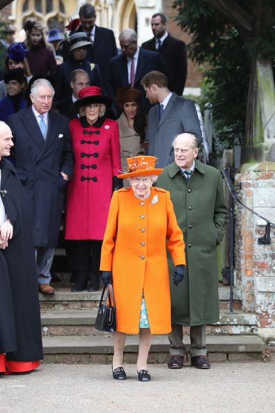 Prince Charles, Prince of Wales, Camilla, Duchess of Cornwall, Queen Elizabeth II, Prince Philip, Duke of Edinburgh, Meghan Markle and Prince Harry attend Christmas Day Church service at Church of St Mary Magdalene on December 25, 2017 in King's Lynn, England.