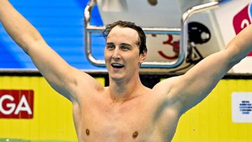 Cameron McEvoy celebrates winning gold at the World Aquatics Championships in July.