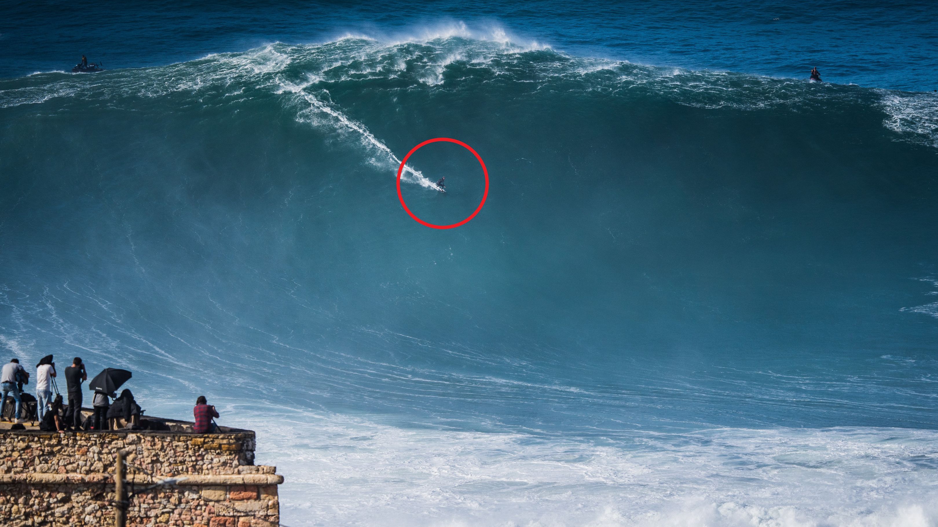 Sebastian Steudtner rides a monster wave at Nazare in Portugal in 2020.