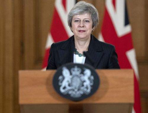 British Prime Minister Theresa May defends her Brexit deal in a media conference at Downing Street.