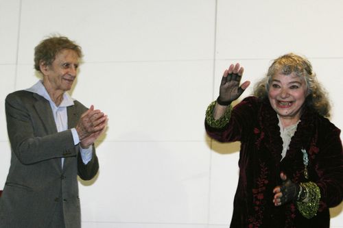 Mirka Mora who is a Melbourne icon and artist with Marcel Marceau before receiving the "Officier des Arts et des Lettres" from Marcel Marceau. (AAP)