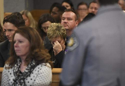 Sandra Onorati Rzucek, the mother of Shanann Watts, sits back down after reading a statement during court 