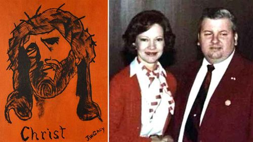 A painting of Jesus Christ by John Wayne Gacy, and the serial killer with then-First Lady Rosalynn Carter.