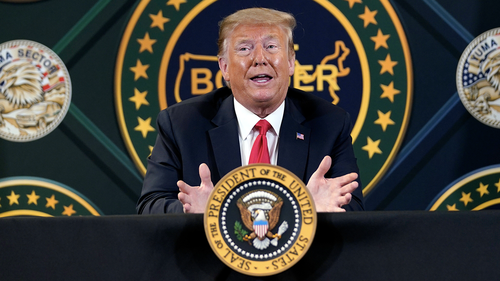 President Donald Trump participates in a border security briefing at United States Border Patrol Yuma Station, Tuesday, June 23, 2020, in Yuma, Ariz. (AP Photo/Evan Vucci)