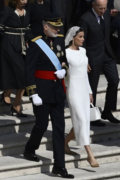 VATICAN CITY, VATICAN - MAY 18: King Felipe VI of Spain and Queen Letizia of Spain arrive ahead of the Inauguration Mass of Pope Leo XIV in St Peter's Square on May 18, 2025 in Vatican City, Vatican. 