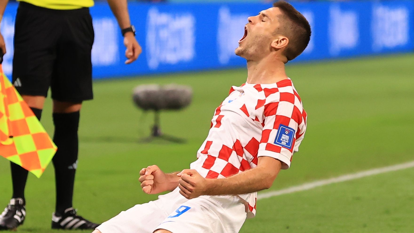 DOHA, QATAR - NOVEMBER 27: Andrej Kramaric #9 of Croatia celebrates after scoring a goal during the Qatar 2022 World Cup Group F football match between Croatia and Canada at the Khalifa International Stadium in Doha on November 27, 2022. (Photo by Serhat Cagdas/Anadolu Agency via Getty Images)