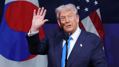 U.S. President Donald Trump speaks during the APEC CEOs Summit on October 29, 2025 in Gyeongju, South Korea. 