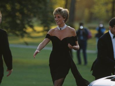 Princess Diana wearing a little black dress and pearl choker, her 'revenge' dress.