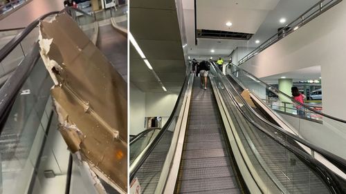 Heavy rain in Sydney caused the collapse of a large chunk of ceiling inside the Westfield Bondi Junction shopping centre, narrowly missing two Sydney media personalities.