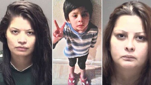 This undated photo provided by the Galveston Police Department shows Dania Amezquita-Gomez (left) and Rebecca Rivera (right) with Jayden Alexander Lopez (centre). (AP) 