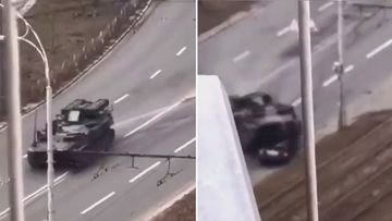 Russian tank chases and runs over Ukrainian civilian car.