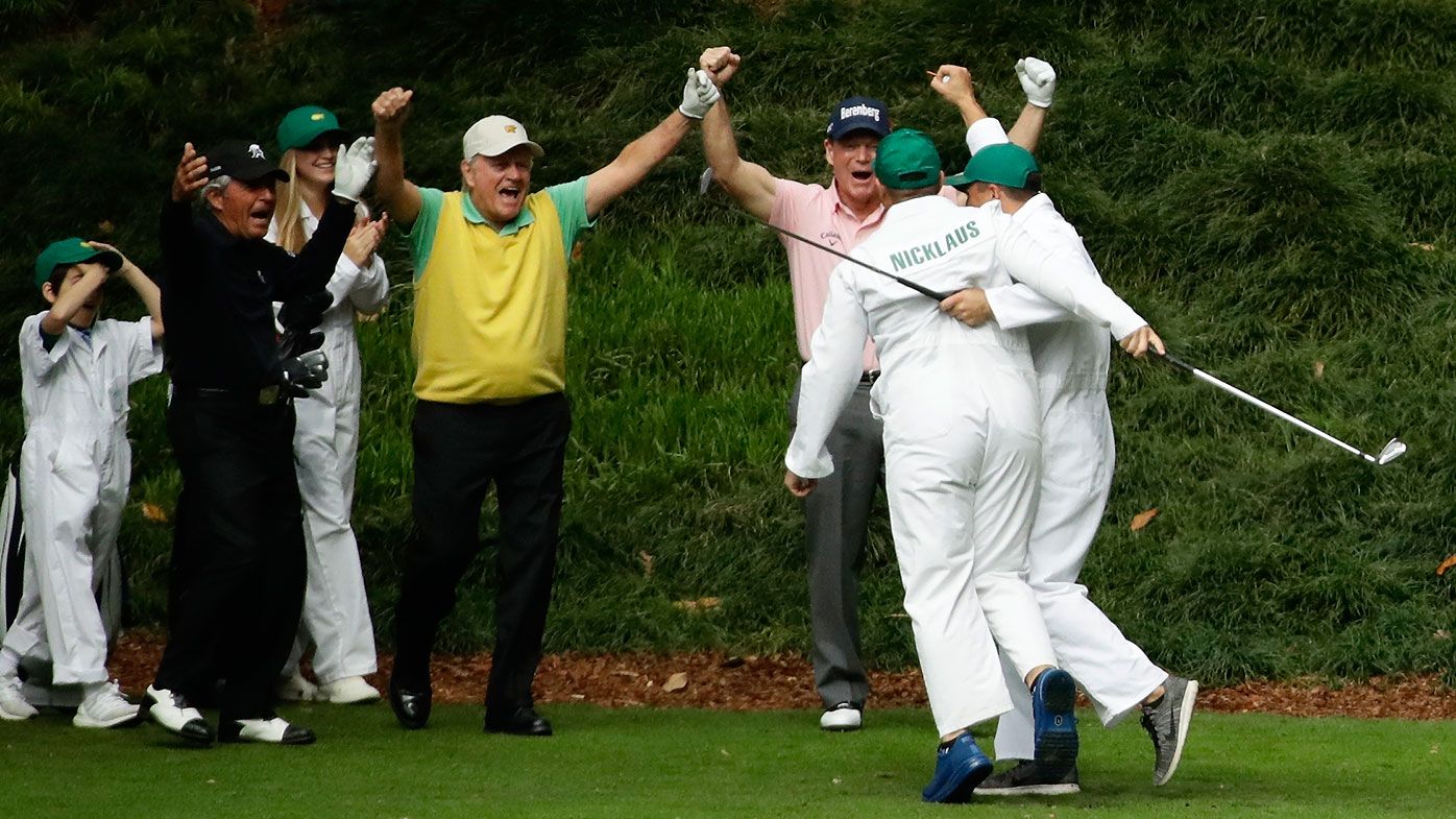 Jack Nicklaus' grandson and caddie GT Nicklaus reacts after his hole-in-one